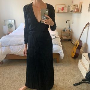 Long sleeve floor length wrap dress w/ fringe